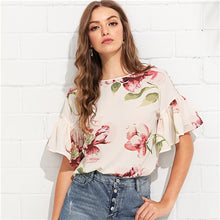 Load image into Gallery viewer, SHEIN Multicolor Vacation Bohemian Beach Floral Print Flounce Ruffle Sleeve Keyhole Back Floral Blouse Women Casual Shirt Top