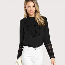 Load image into Gallery viewer, SHEIN Black Streetwear Elegant Office Lady Minimalist Flounce Neck Lace Cuff Ruffle Solid Blouse Autumn Women Workwear Shirt Top