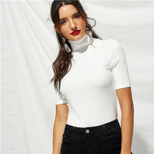 Load image into Gallery viewer, SHEIN Weekend Casual White High Neck Rib Knit Pullovers Plain T-shirt 2018 Autumn Women Casual Slim Fit Short Sleeve T-shirt Top