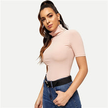 Load image into Gallery viewer, SHEIN Pink High Neck Rib Knit T-shirt Short Sleeve Solid Slim Fit Pullover 2018 Autumn Elegant Casual Women Tops And Tshirts