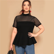 Load image into Gallery viewer, SHEIN Plus Size Black Striped Mesh Yoke Peplum Top Blouse 2019 Women Summer Stand Collar Slim Fit Ruffle Hem Sheer Blouses Shirt