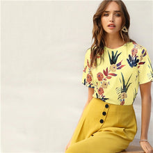 Load image into Gallery viewer, SHEIN Floral And Plants Print Womens Shirts Summer Short Sleeve Casual Basic Streetwear Pullovers White T Shirt Tops