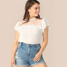 Load image into Gallery viewer, SHEIN Plus Size White Lace Applique Mesh Yoke Ruffle Shoulder Top Blouse 2019 Women Summer Causal Sheer Blouse Shirt