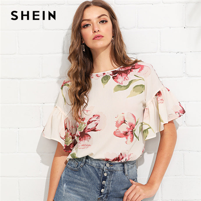 SHEIN Multicolor Vacation Bohemian Beach Floral Print Flounce Ruffle Sleeve Keyhole Back Floral Blouse Women Casual Shirt Top