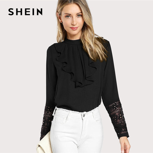 SHEIN Black Streetwear Elegant Office Lady Minimalist Flounce Neck Lace Cuff Ruffle Solid Blouse Autumn Women Workwear Shirt Top