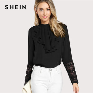 SHEIN Black Streetwear Elegant Office Lady Minimalist Flounce Neck Lace Cuff Ruffle Solid Blouse Autumn Women Workwear Shirt Top