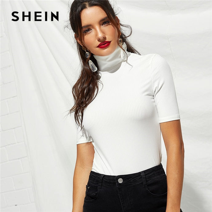 SHEIN Weekend Casual White High Neck Rib Knit Pullovers Plain T-shirt 2018 Autumn Women Casual Slim Fit Short Sleeve T-shirt Top