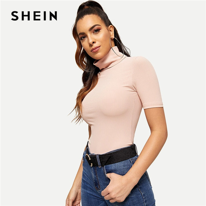 SHEIN Pink High Neck Rib Knit T-shirt Short Sleeve Solid Slim Fit Pullover 2018 Autumn Elegant Casual Women Tops And Tshirts