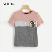 Load image into Gallery viewer, SHEIN Multicolor Color Block Cut and Sew Sequin Pocket T Shirt Women Short Sleeve Casual Tee Summer Workwear Top T-shirts