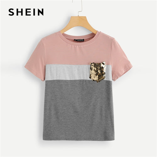 SHEIN Multicolor Color Block Cut and Sew Sequin Pocket T Shirt Women Short Sleeve Casual Tee Summer Workwear Top T-shirts