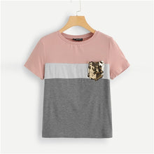 Load image into Gallery viewer, SHEIN Multicolor Color Block Cut and Sew Sequin Pocket T Shirt Women Short Sleeve Casual Tee Summer Workwear Top T-shirts