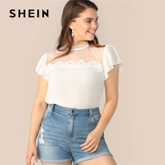 SHEIN Plus Size White Lace Applique Mesh Yoke Ruffle Shoulder Top Blouse 2019 Women Summer Causal Sheer Blouse Shirt